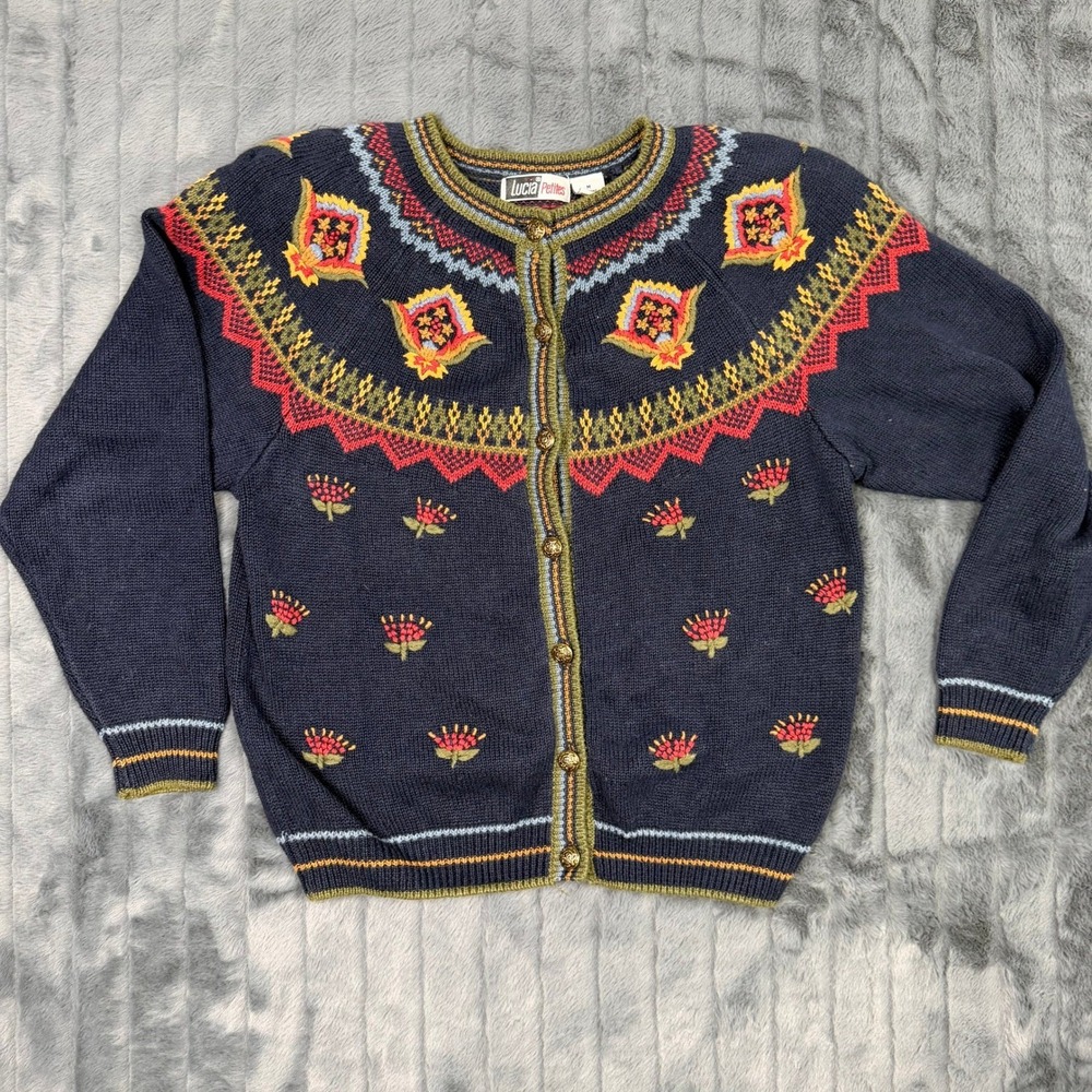 Lucia Petites Navy Blue Fair Isle Floral Embroidered Cardigan Sweater Medium PM
